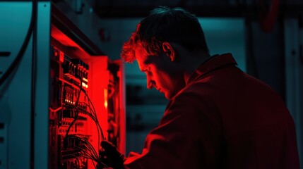 Engineer Working on Industrial Equipment with Red Illumination