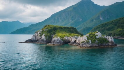 Tranquil coastal landscape featuring a small islet surrounded by calm waters and majestic mountains under a cloudy sky.