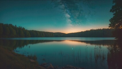 Fototapeta premium Tranquil Summer Night at Serene Lake with Starry Sky and Reflections Perfect for Text Overlay
