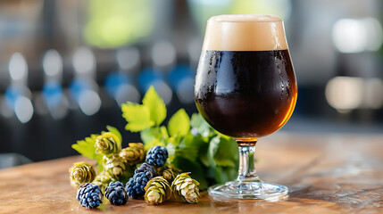 Pouring dark stout beer into a glass on rustic table with hops and leaves indoor brewery setting close-up view craft beverage experience