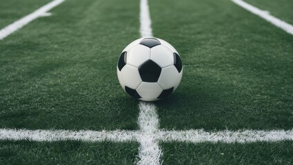 Soccer Ball Positioned Strategically on Green Field with White Markings Ideal for Sports Advertising or Promotional Text Background