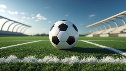 Soccer ball on green field turf with white line and stadium backdrop highlighting copy space for sports-related text or advertising.