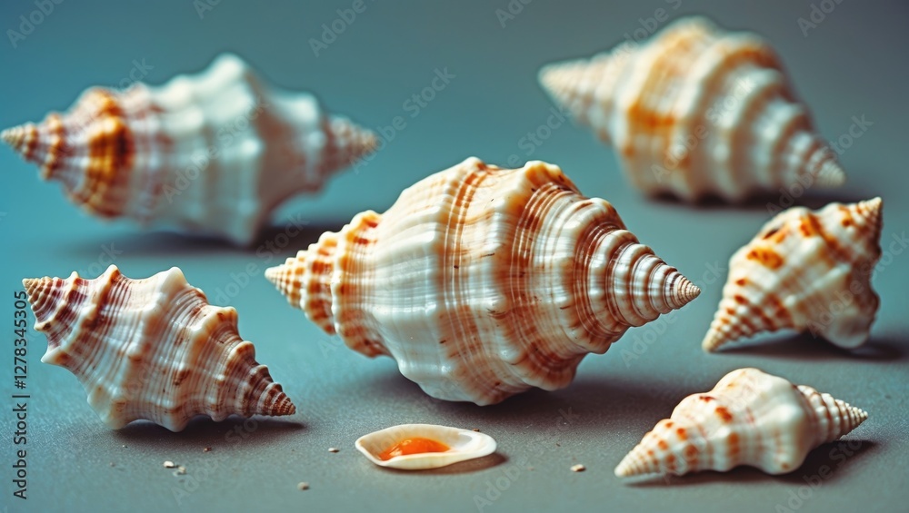 Poster close-up of various seashells arranged on a surface with a blank area for adding custom text or desi