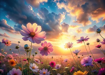 Dreamy Pastel Flowers Watercolor Landscape, Soft Sunlight, Hazy Sky, Delicate Petals, Spring Bloom