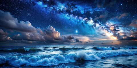 Naklejka premium Dramatic Starry Night Seascape: Dark Blue Ocean Waves under Starlit Sky