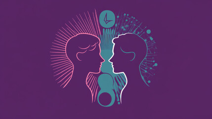 Gender equality poster with symbol of male and female equal. Vector banner of sex parity and human rights with cartoon illustration of purple sign of union gender marks with arrow and cross