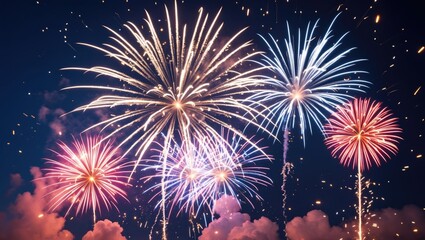 Colorful sparkling fireworks lighting up the night sky with vibrant displays and copy space for festive text or announcements.