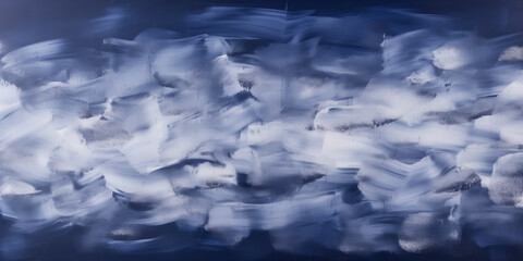Fototapeta premium Abstract blue and white brush strokes create a dynamic, cloudy texture on canvas.