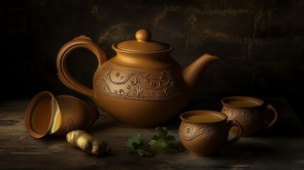 Rustic Tea Time Still Life with Ginger and Coriander - Earthenware Teapot and Cups on Wooden Table