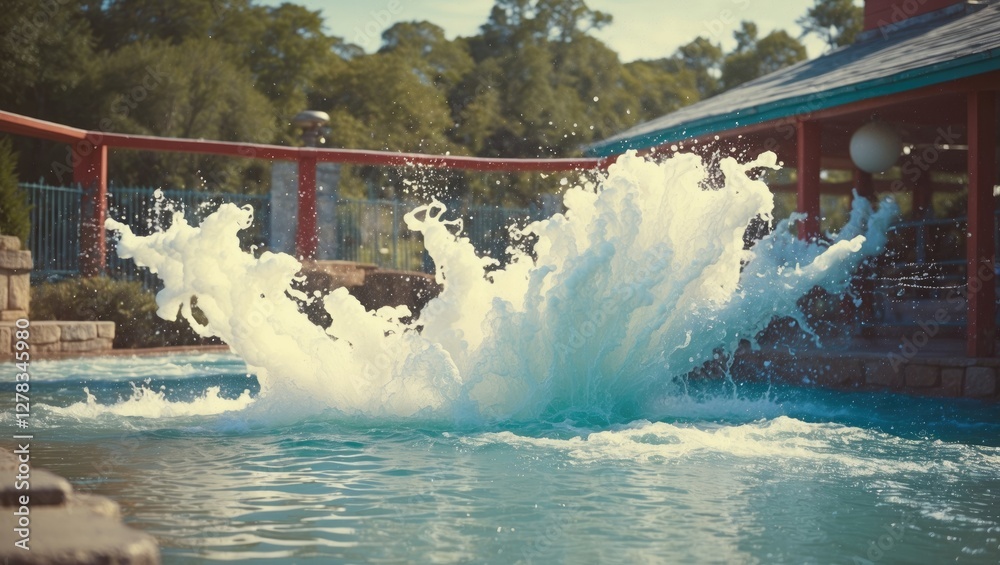 Poster dynamic water splash in pool setting with clear copy space for design or text elements