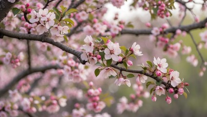 Fototapeta premium Blossoming Cherry Tree Branch in Spring Season with Delicate Pink Flowers and Fresh Green Leaves on a Soft Natural Background