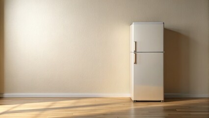 Empty Modern Mini Fridge Near Beige Wall - Interior Stock Photo