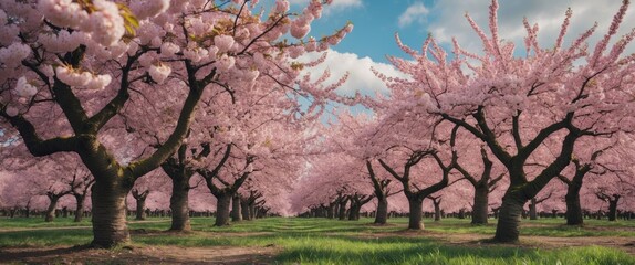 Blossoming Cherry Trees in a Lush Orchard Under Bright Blue Sky Enhancing Springtime Nature's Beauty and Vibrancy