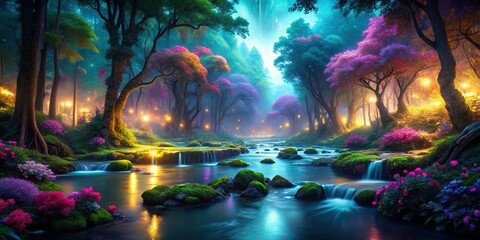 Obraz premium Enchanting Neon River: Surreal Fantasy Forest Landscape
