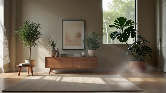 seamless looping 4k time-lapse virtual video animation background of a cozy minimalist living room with natural light, wooden furniture, and green plants