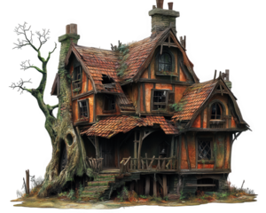 haunted house with crooked walls, twisted architecture, and eerie tree. structure features rustic design with weathered appearance, evoking sense of mystery and intrigue