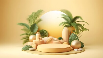 Obraz premium Abstract summer yellow stone podium natural 3d background of minimal product stand showcase platform scene or empty cosmetic display stage and blank tropical presentation pedestal on nature backdrop