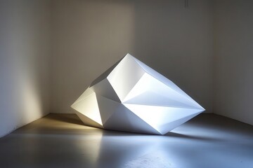 contemporary geometric sculpture, minimalist white form, dramatic lighting, clean shadows, gallery...