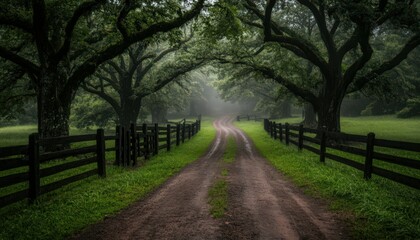 Fototapeta premium Misty Dirt Road Through Lush Green Landscape with Wooden Fences