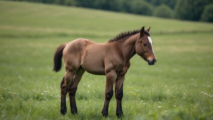Obraz premium Brown Colt Grazing in a Lush Green Meadow Under a Clear Sky Natural Scene of Young Horse in Peaceful Pasture Landscape