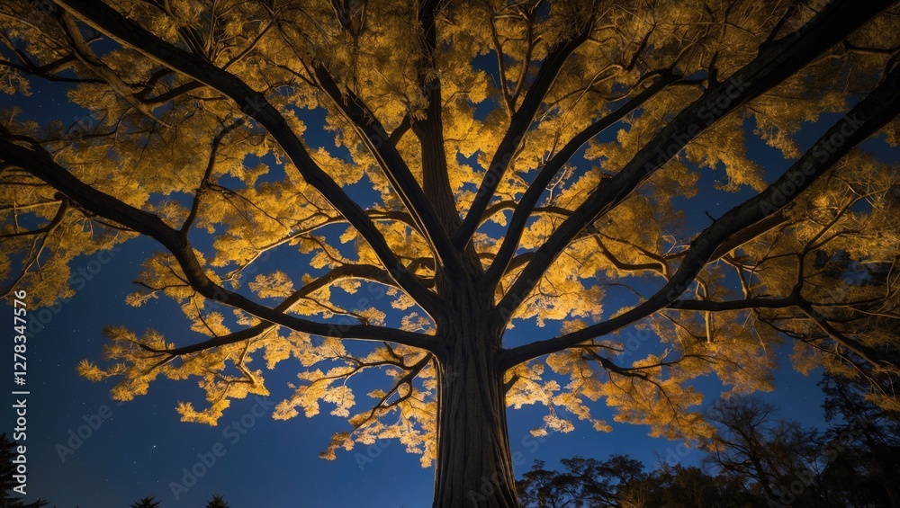 Poster majestic tree with straight trunk and layers of branches illuminated from below at night creating a 