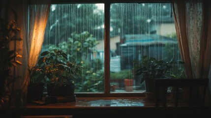 Rainy day view from windowsill with indoor plants.