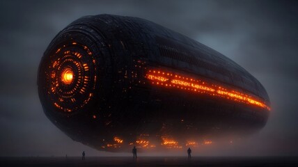 A massive spaceship, half-buried in the sand, its alien technology still pulsing with light