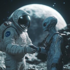 Astronaut and Alien Shaking Hands on Planet with Full Moon in Space