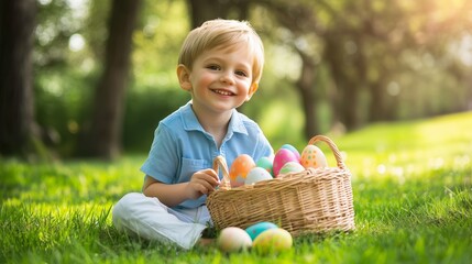 Smiling Boy in White and Blue Clothes with Easter Eggs in Basket on a Spring Day