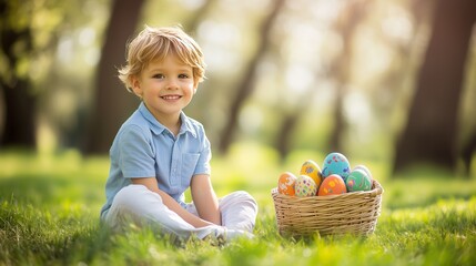 Smiling Boy in White and Blue Clothes with Easter Eggs in Basket on a Spring Day