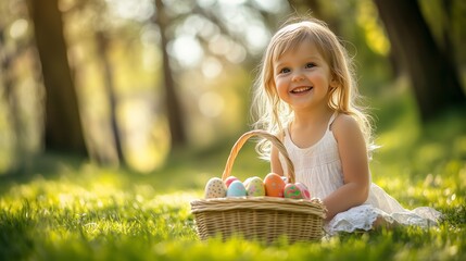 Smiling Girl in White Dress with Easter Eggs in Basket on a Spring Day