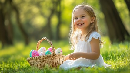 Smiling Girl in White Dress with Easter Eggs in Basket on a Spring Day