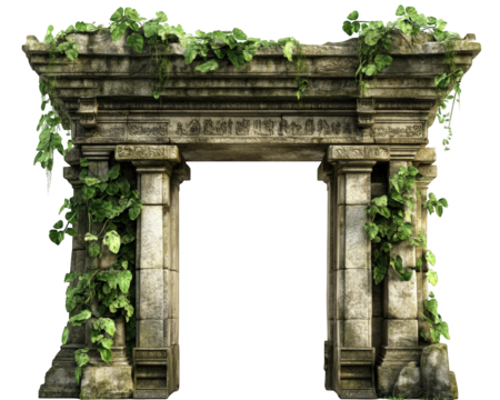 weathered wooden ancient temple entrance overgrown with vines, showcasing intricate carvings and sense of history. lush greenery adds mystical touch to scene