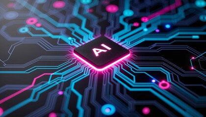 Futuristic AI chip on modern motherboard, advanced technology