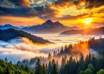 Majestic Misty Mountain Sunrise: Serene Valley Landscape at Dawn
