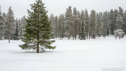 Fototapeta premium Solitary Snow Covered Evergreen in a Snowy Pine Forest