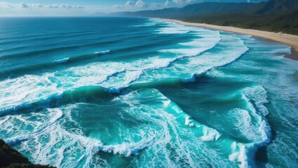 Fototapeta premium Aerial View of Turquoise Ocean Waves Crashing on Beach with Scenic Coastline and Clear Sky Ideal for Travel and Nature Themes