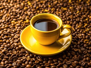 Fototapeta premium Minimalist Yellow Coffee Cup with Black Coffee and Beans on Bright Background