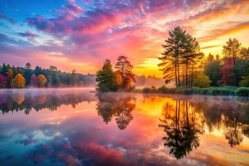 Obraz premium Misty Sunrise Lake Reflection, Tranquil Nature Scene, Calm Water, Peaceful Dawn