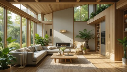 Obraz premium Sunlight filters through large windows, illuminating a stylish living room adorned with comfortable furniture and vibrant plants. A peaceful ambiance invites relaxation and connection to nature