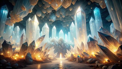 Naklejka premium Mystical Glowing Crystal Cave - White Background Stock Photo