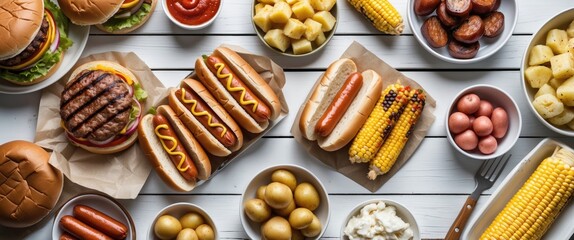 Summer BBQ Feast Featuring Hamburgers, Hot Dogs, Corn, Potatoes, and Snacks Presented on a White Wooden Surface with Copy Space.