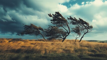 Windswept trees, dark stormy skies. Grass sways wildly in gusty heavy winds. Dramatic bad weather landscape. Extreme conditions. Very strong breeze blows trees. Storm begins
