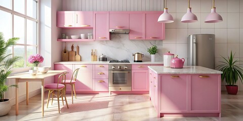 Fototapeta premium Pastel Pink Kitchen Mockup: White Marble Tabletop with Copy Space