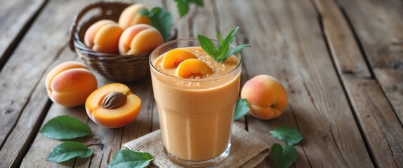 Refreshing Apricot Smoothie Served in a Glass with Fresh Apricots on a Wooden Background Perfect for Summer Nutrition and Healthy Lifestyle