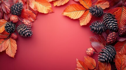 Autumn Leaves and Pine Cones on a Vibrant Red Background for Seasonal Decoration and Artistic Background Use