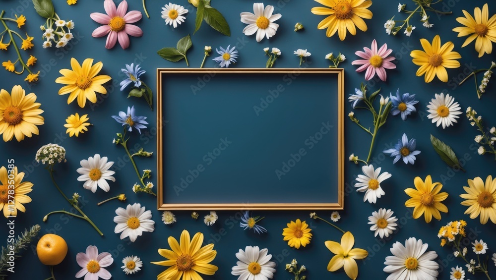 Poster floral frame layout with colorful summer flowers and empty space for text in top view flat lay compo