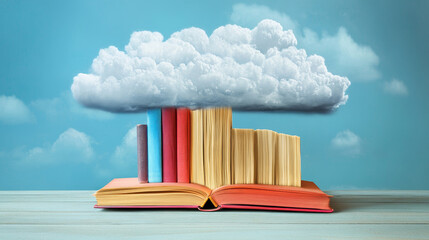 Online library, cloud storage with books, isometric vector illustration