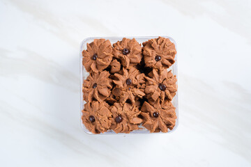 Chocolate topping cookies. Cookies with chocolate chip topping. Eid cookies. Suitable for recipes, articles, catalogs, or other commercial purposes. Eid cookies