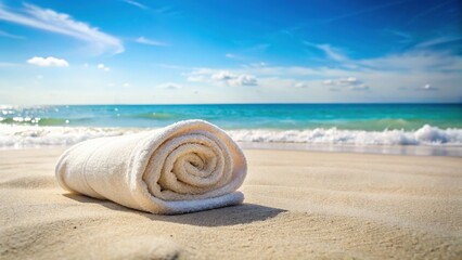 Rolled White Beach Towel on Sandy Beach, Summer Vacation Concept